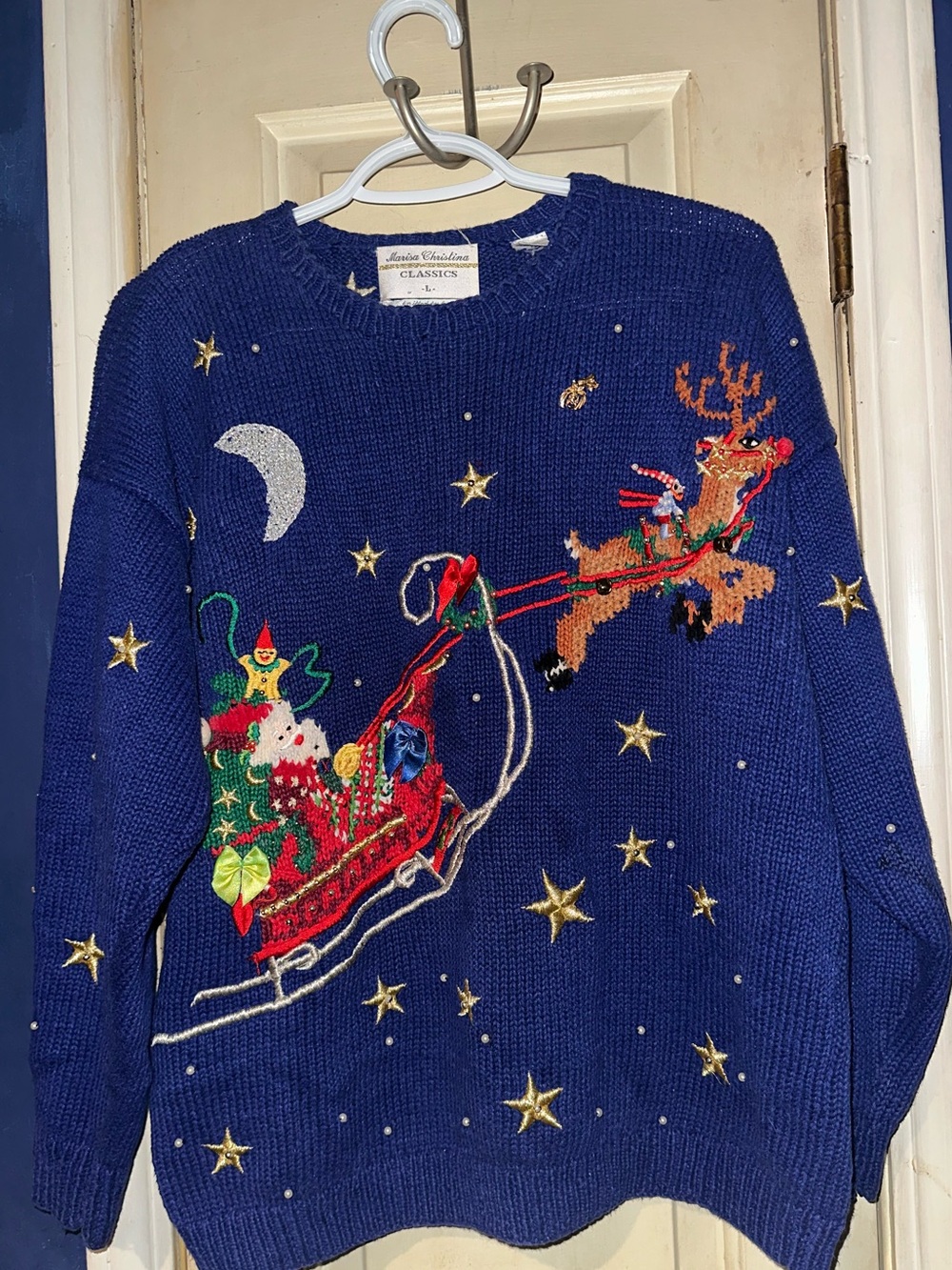 Vintage Mary Engelbreit Blue Holiday Christmas Sweater with Bells and Santa